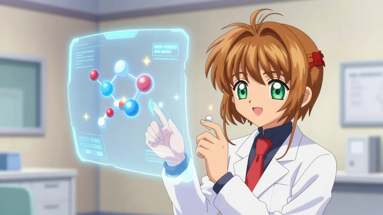 A futuristic holographic AI interface designing the perfect combination medication.