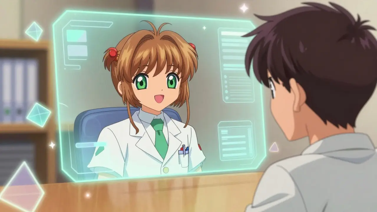 A man having a virtual medical consultation via a glowing holographic screen in anime style