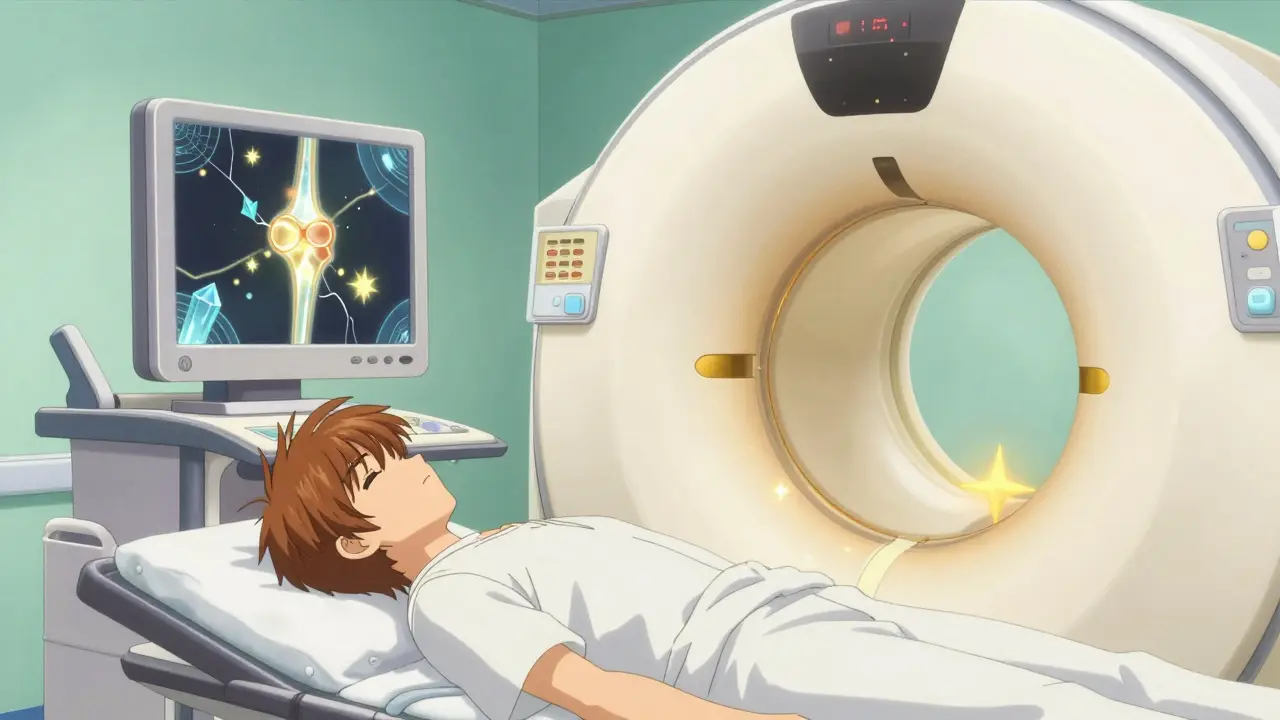 A patient undergoing a high-tech scan showing crystals turning into stars in anime style.