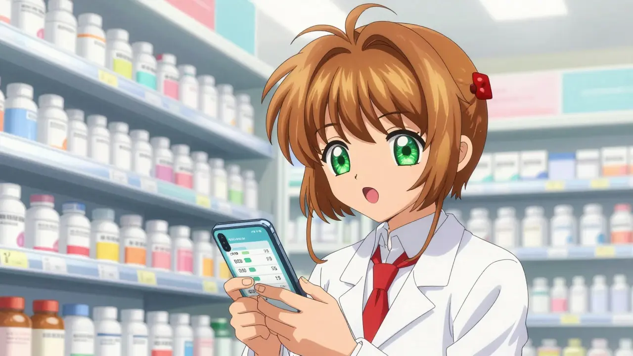 Anime character using a phone to find cheap generic medicine in a bright pharmacy