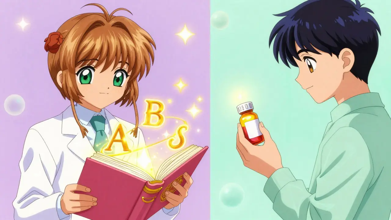 Anime pharmacist consulting a glowing reference book with floating A and B ratings.