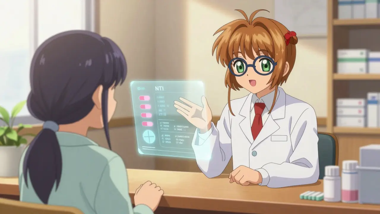 Anime scene of a pharmacist explaining medication details to a patient in a warm, sunlit pharmacy.