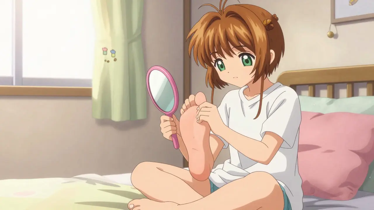 Character carefully checking their foot with a mirror in a cozy, soft-lit anime bedroom