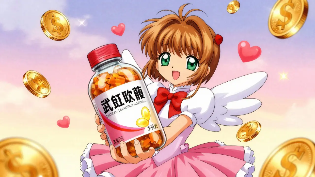 Cheerful anime character holding a bulk bottle of medicine surrounded by sparkling coins