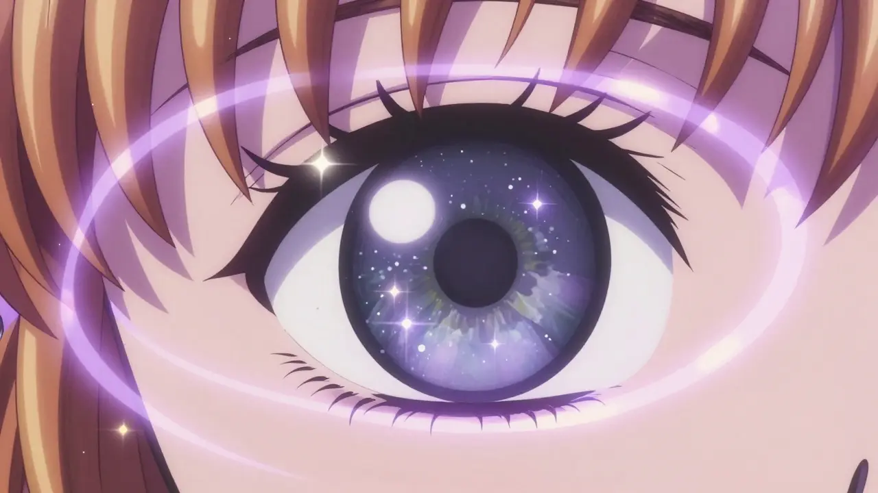 Close-up of a sparkling eye protected by magical light ribbons in a dreamy anime style