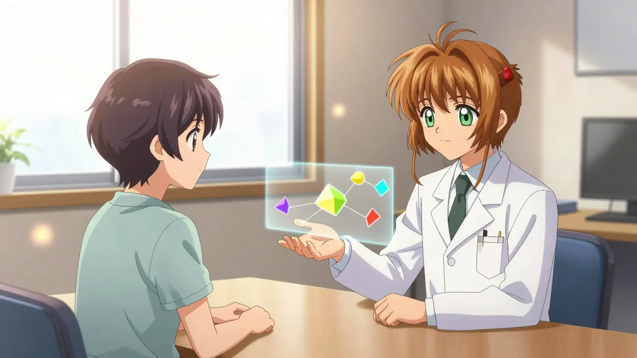 Doctor and patient talking with floating data shapes between them.