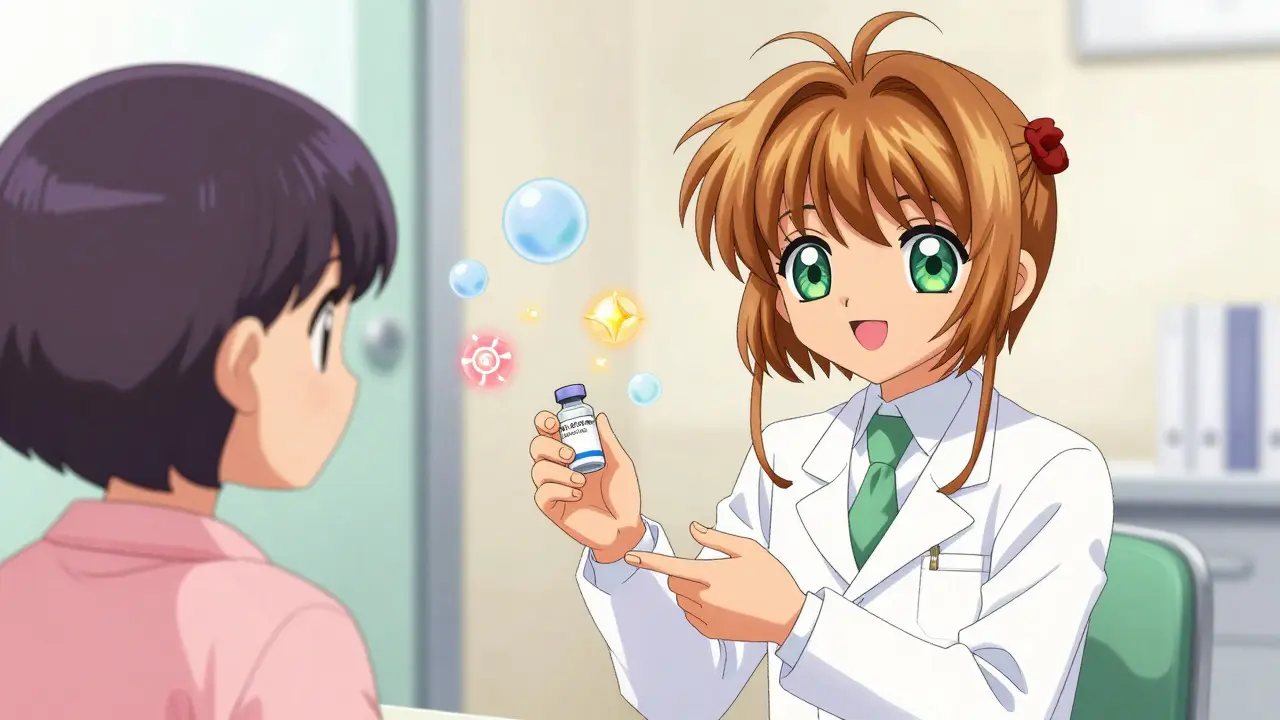 Friendly doctor explaining vaccine doses with floating magical bubbles in a pastel anime setting.