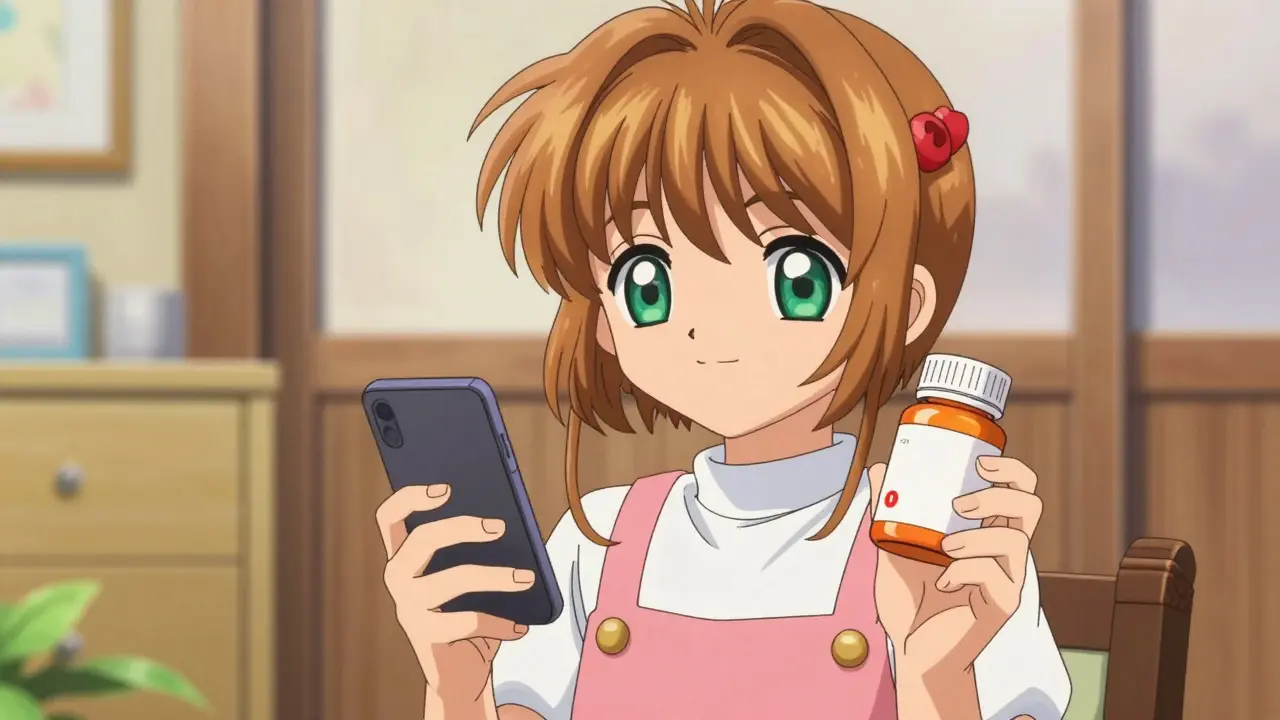 Happy person holding a generic medication bottle after finding a better price on their phone