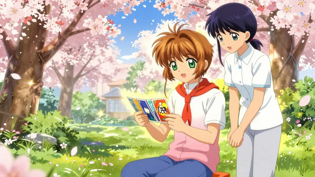 Patient practicing cognitive exercises in a cherry blossom garden with a supportive companion.