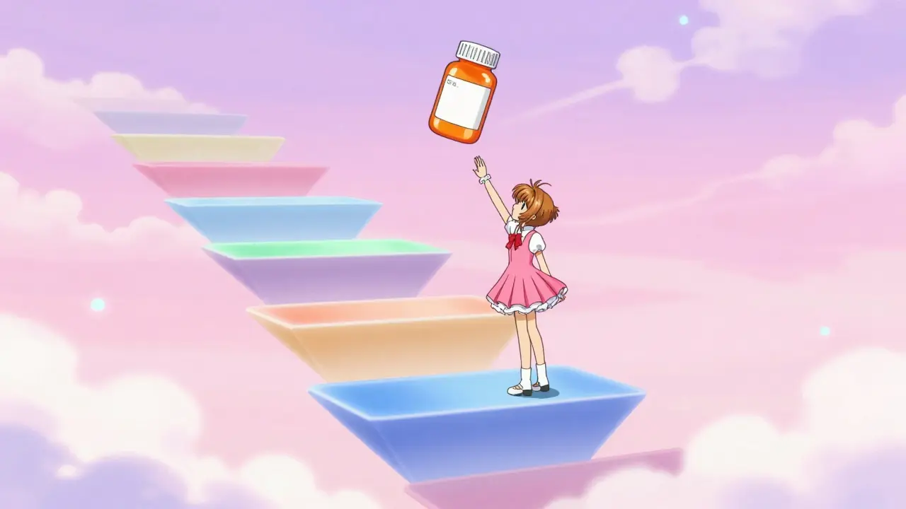 Person reaching for a floating medication bottle on rising tiers in a dreamy sky