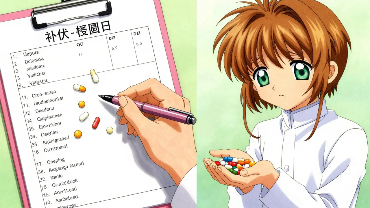 Split view of medical dosage adjustments and a person feeling overwhelmed by multiple pills.