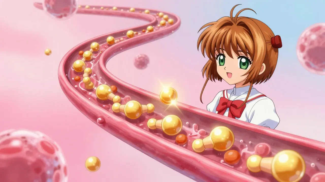 Stylized anime depiction of identical medicine molecules flowing through a bloodstream in pastel colors.