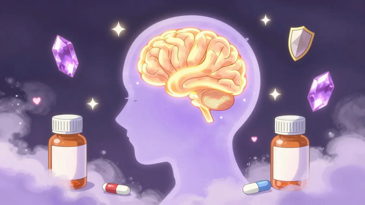 Stylized brain scan with magical shields over glowing pills.