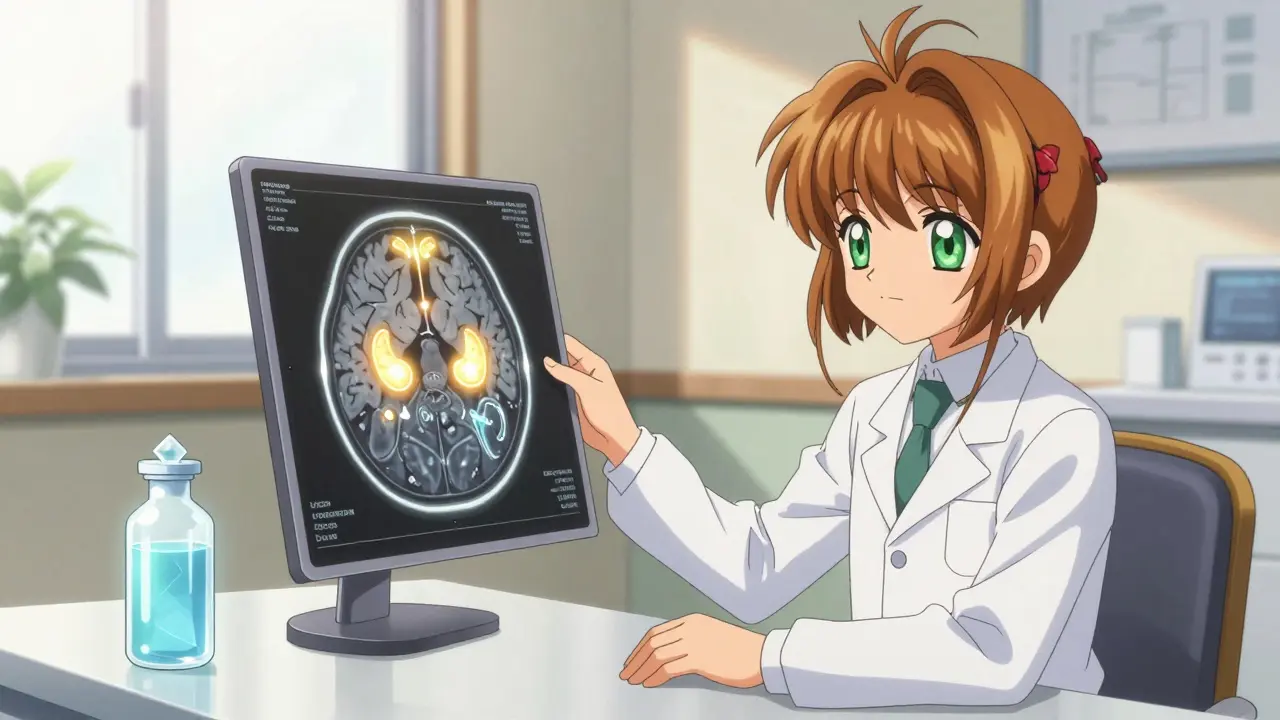 Stylized MRI scan and a glowing medical vial on a sunlit doctor's desk in anime style.