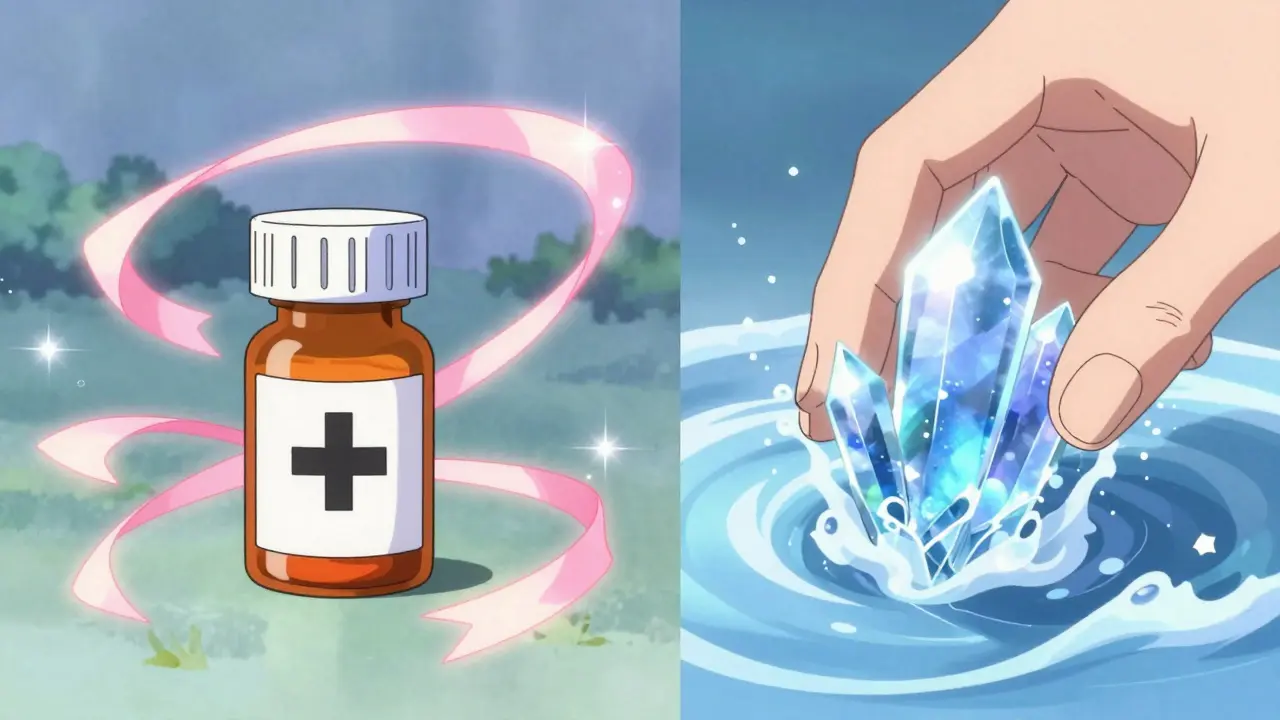 Stylized representation of medication and crystals dissolving with magical sparkles.