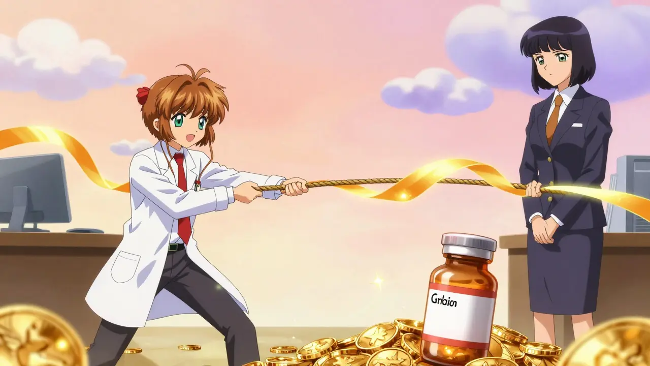 Whimsical anime scene of a doctor and insurance agent pulling a golden ribbon over medicine.