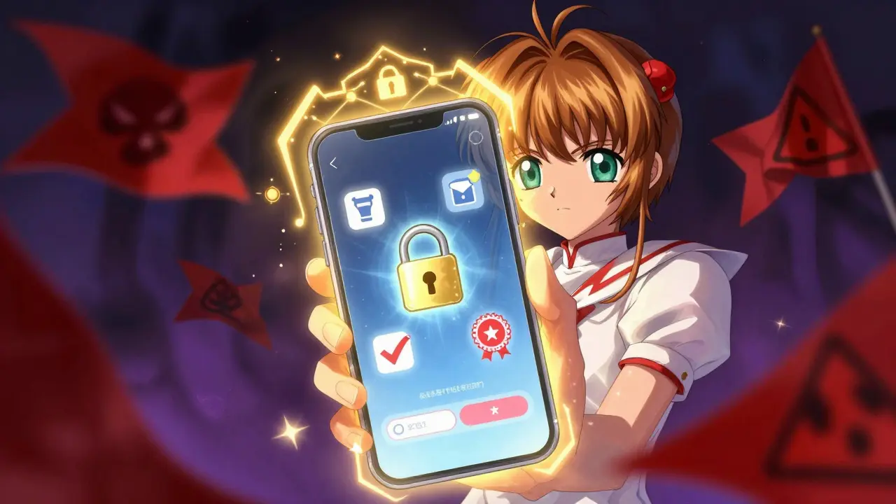 Anime character protecting phone with magic shield against unsafe online pharmacy risks.