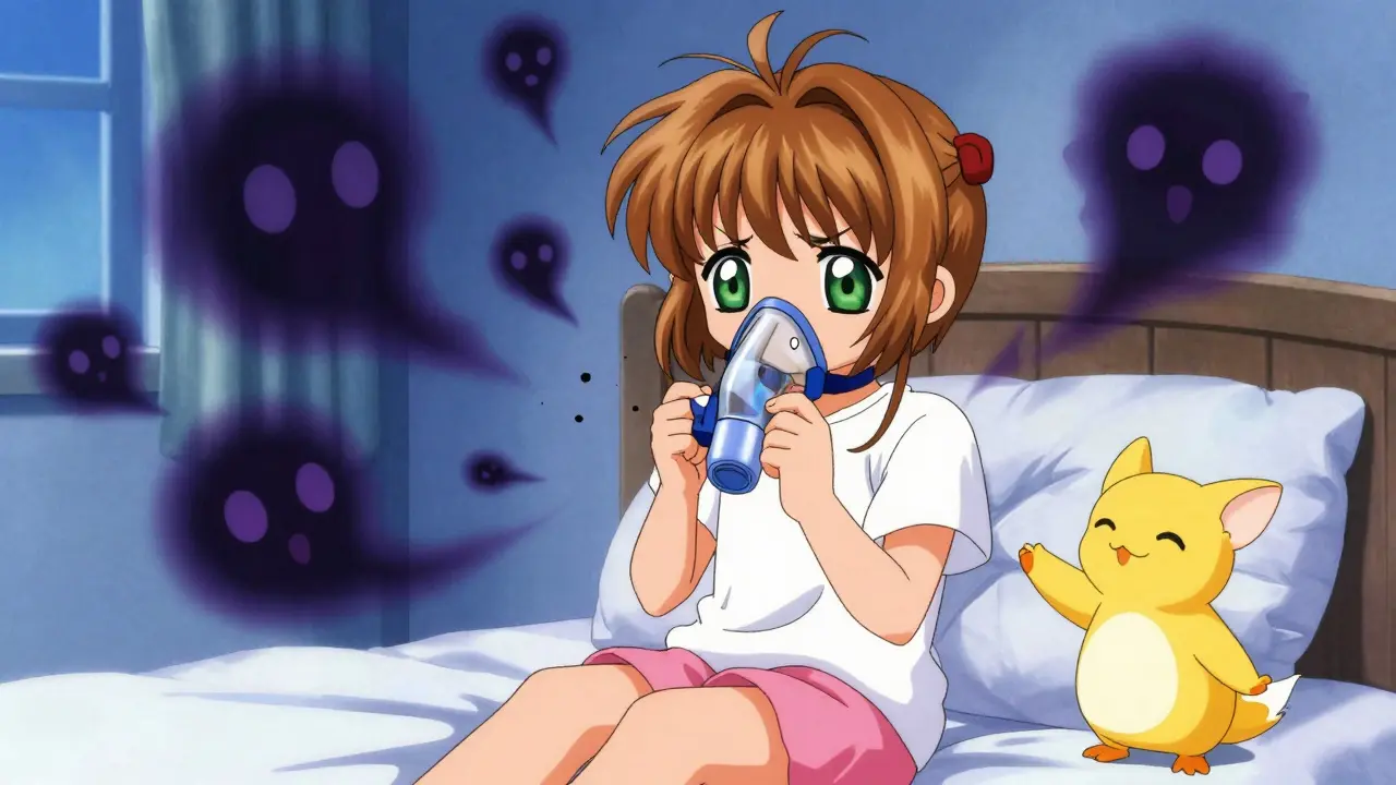 Anime character struggling with CPAP mask while magic helps