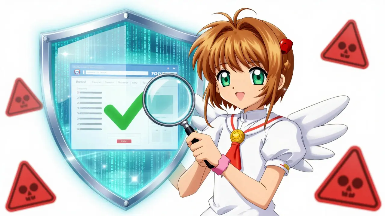 Anime character verifying safe online pharmacy with magical shield
