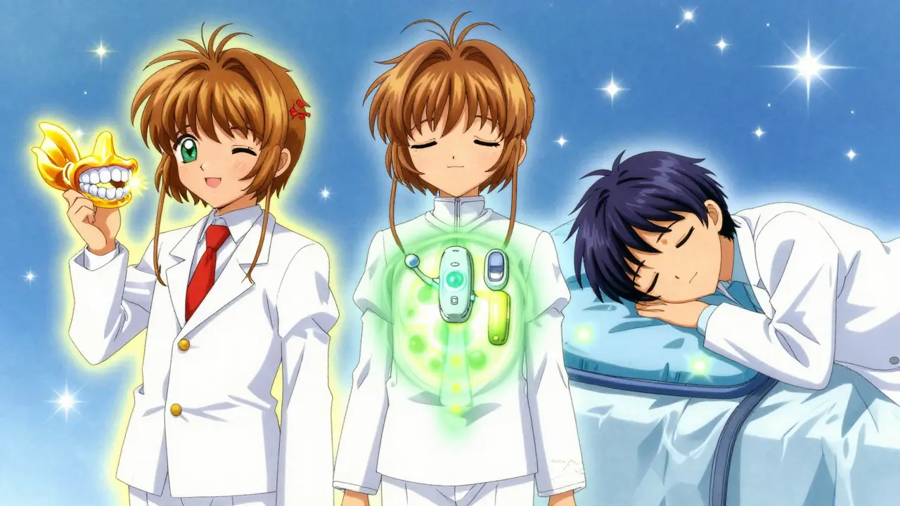 Anime characters showing dental, surgical, and positional aids
