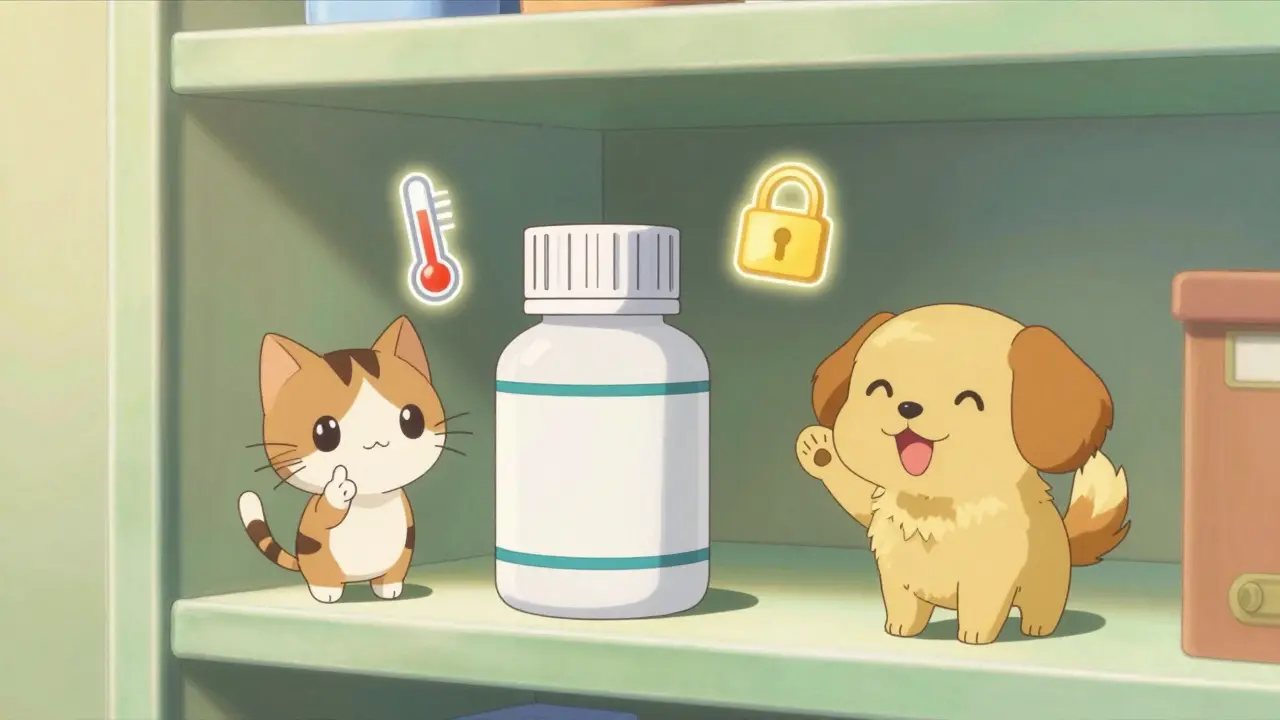 Anime medicine stored safely with cat warning and dog approval