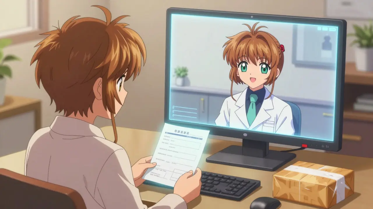 Anime patient receiving secure online prescription via video call
