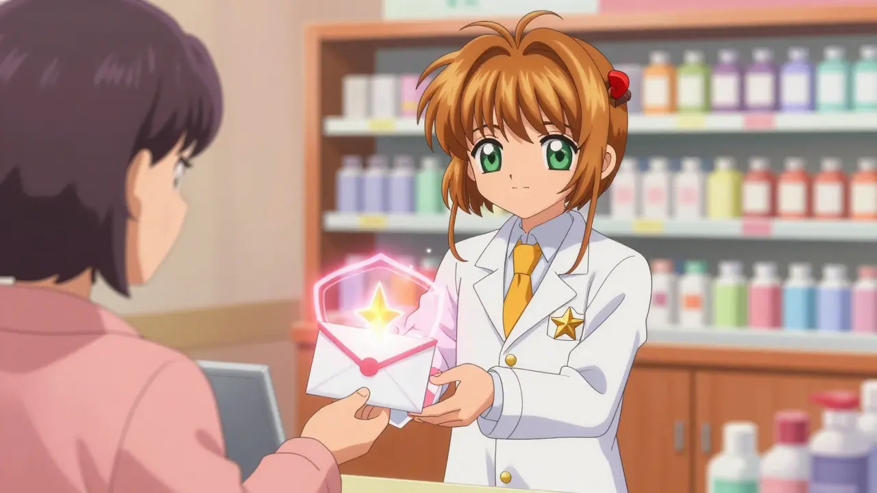 Anime pharmacist handing safe prescription envelope to customer
