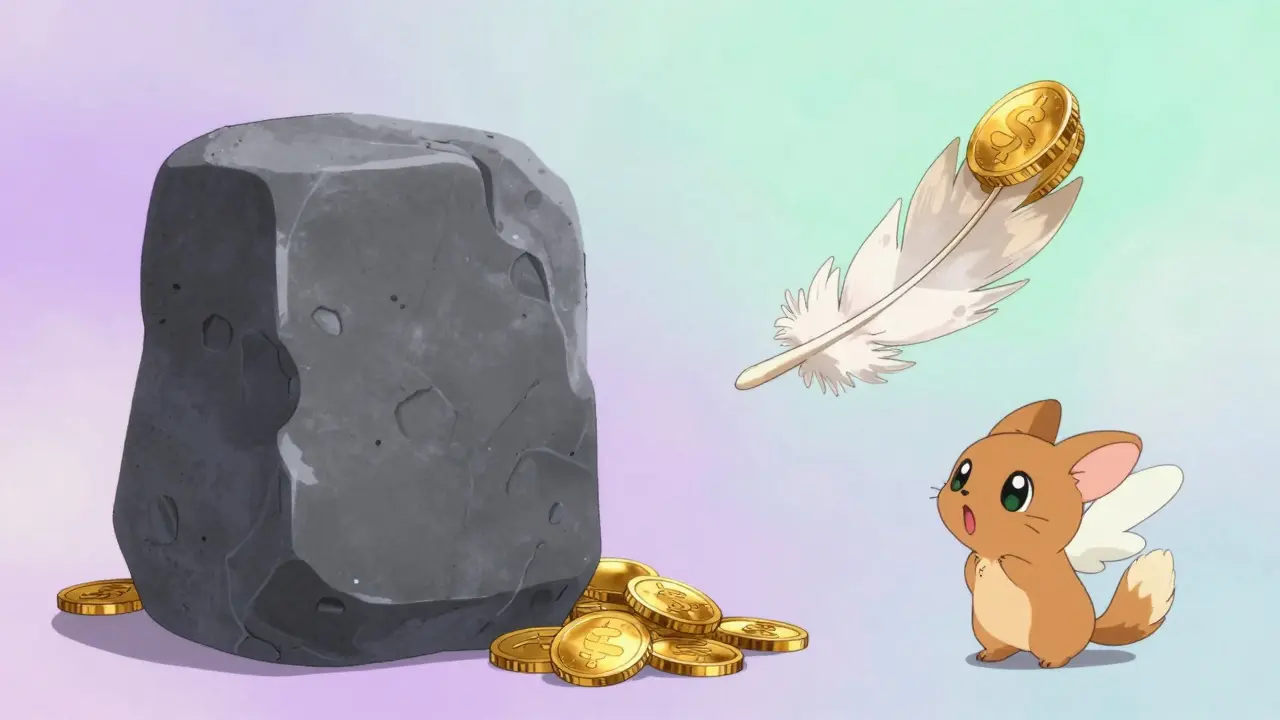 Anime scene comparing heavy stone to floating gold feathers for savings