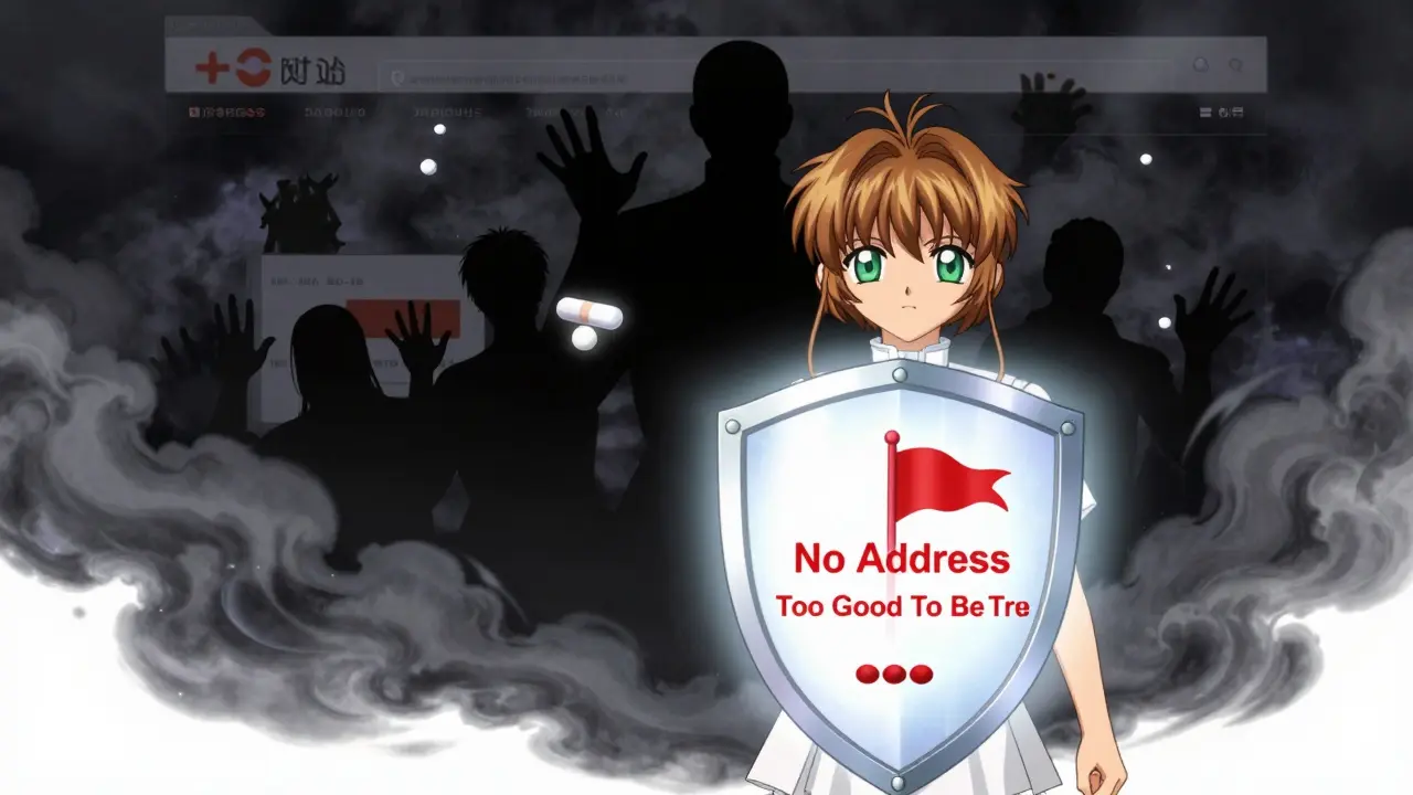Anime shield blocking dark cloud of fake online drug sellers