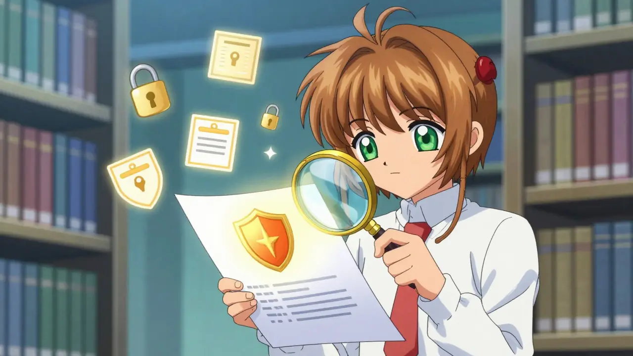 Character using a magic lens to verify safety seals on a medical document.