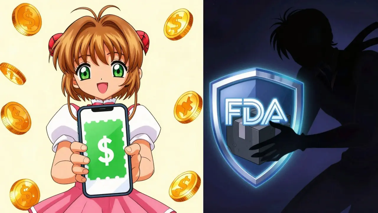 Cute anime character choosing safe discount coupon over shady offer
