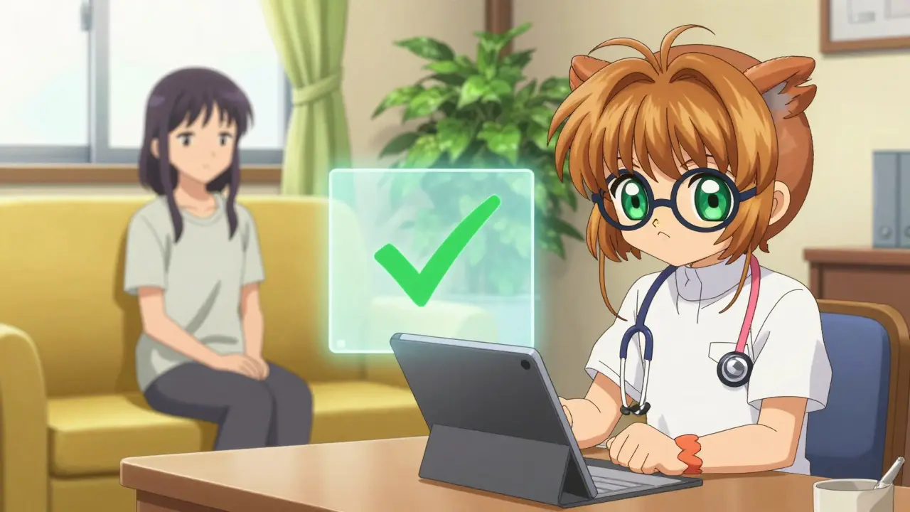 Cute owl doctor approving a prescription via telehealth in a cozy room.