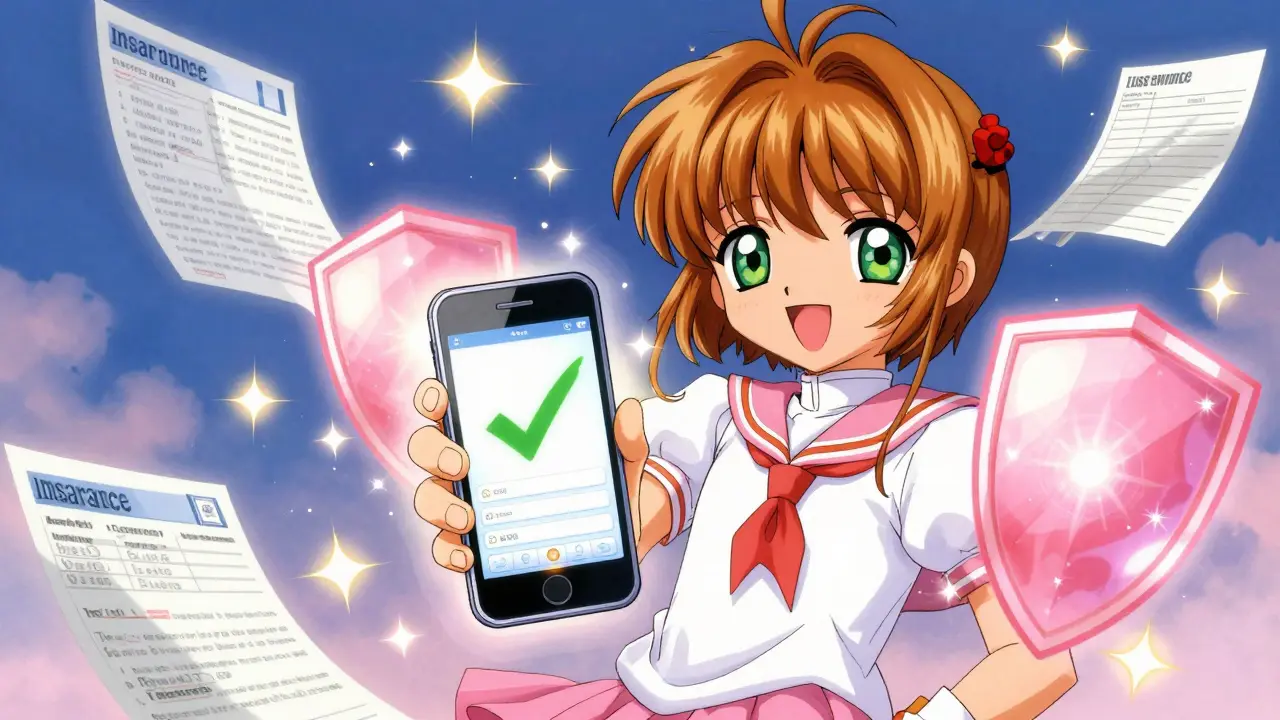 Happy patient checking phone with magical approval shield