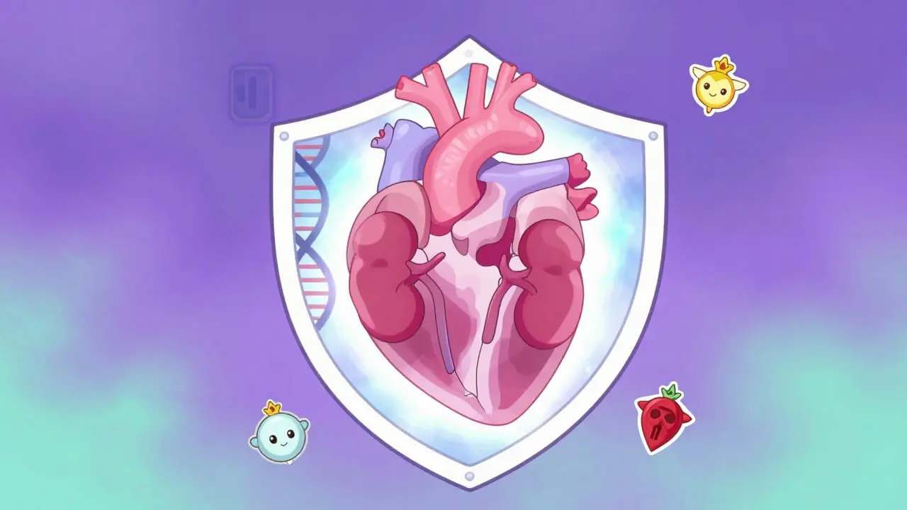 Light shield protecting heart with DNA and organ icons