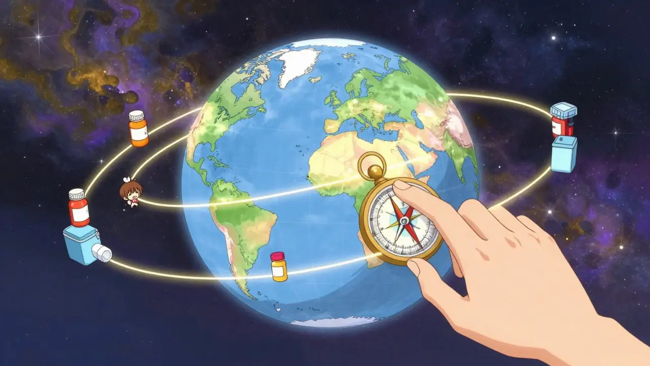 Magical map showing flight paths and medication timing, anime style