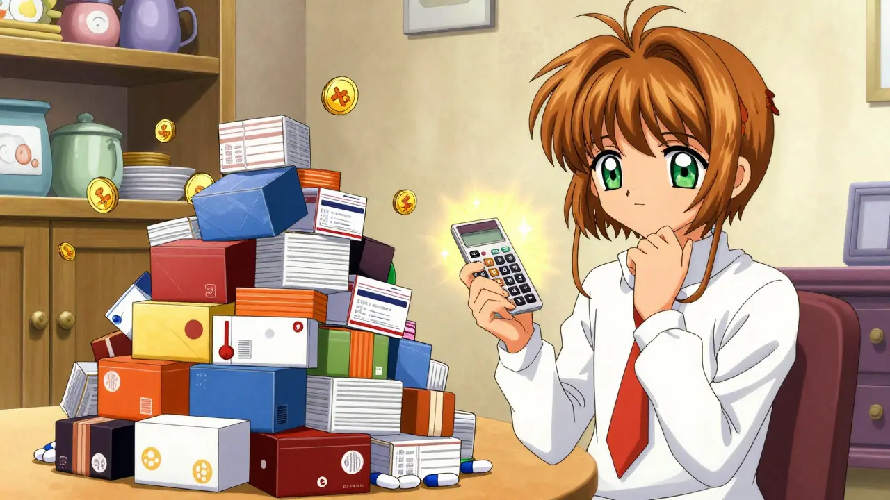 Manga style scene comparing bulk generic pills to small branded boxes for savings.