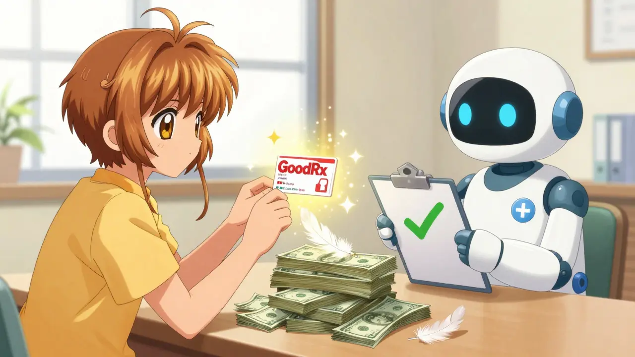 Patient using a magic coupon to turn bills into feathers with a helper bot.