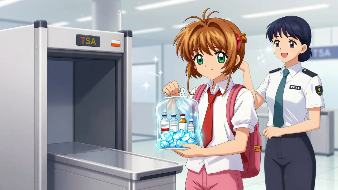 Traveler passing security with glowing medical liquids, anime style