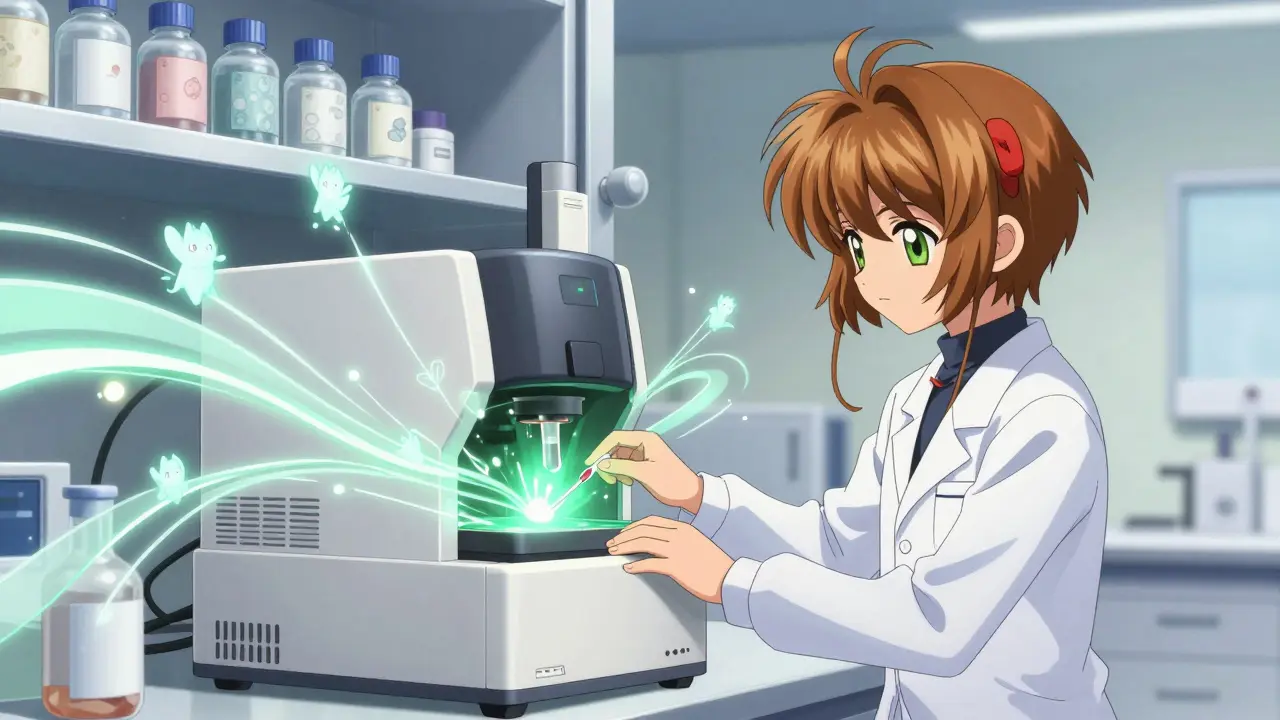 Anime lab technician monitoring precise diagnostic equipment with magical elements
