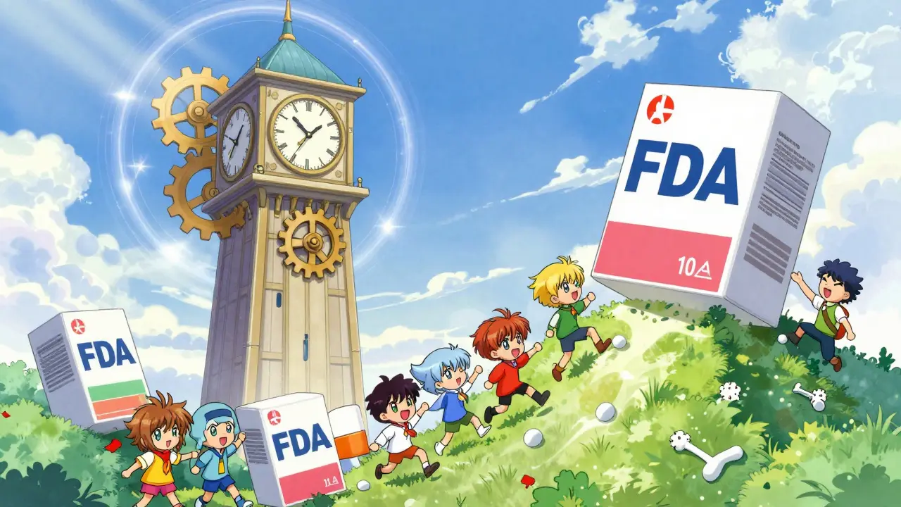 Clock tower and transforming drug boxes symbolizing faster approvals and lower prices.