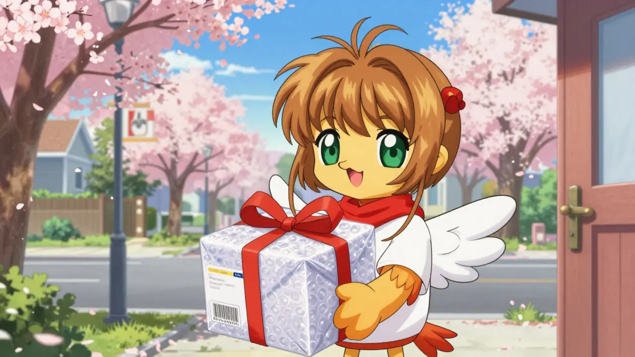 Cute anime mascot delivering a secure medicine package in spring setting