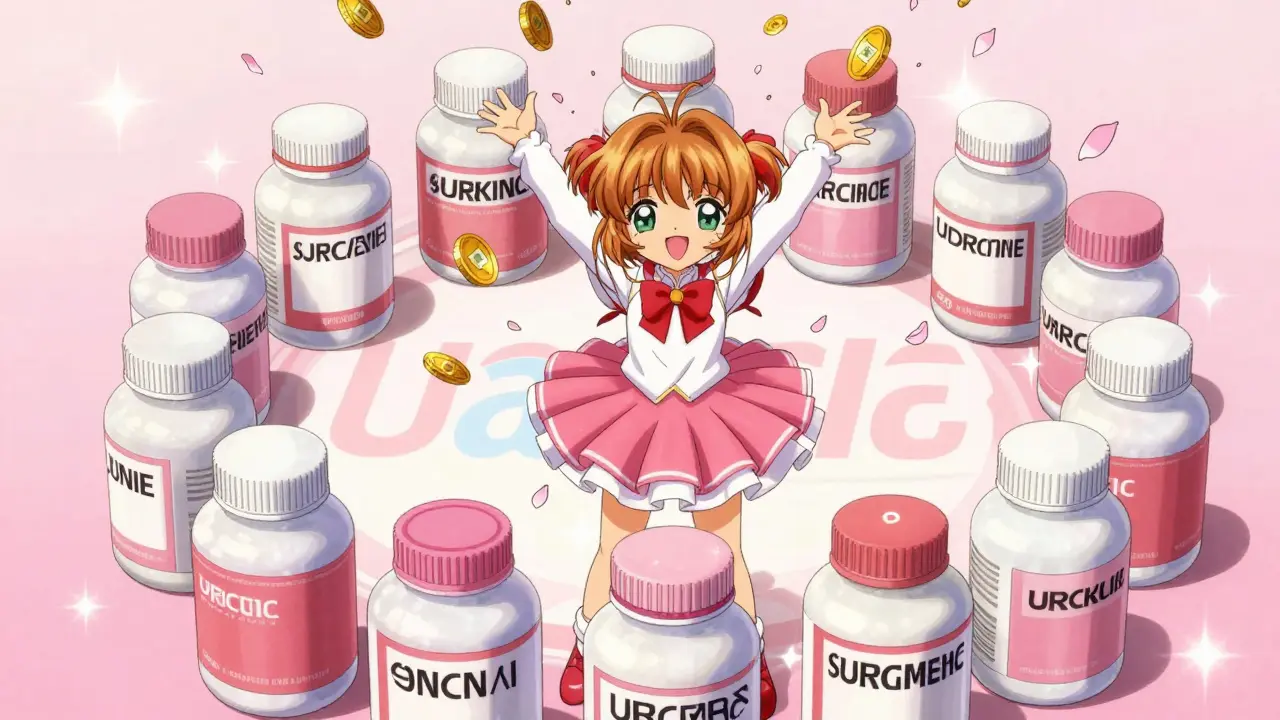 Happy consumer surrounded by generic drugs and falling savings