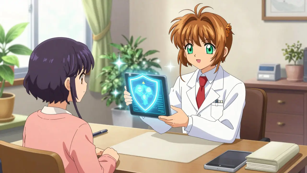 Magical doctor consulting with patient via glowing tablet in anime style