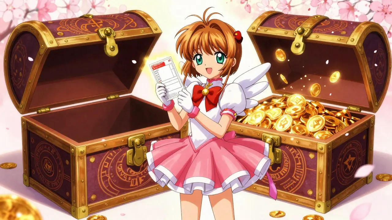 Magical girl comparing two chests: one locked deductible, one full out-of-pocket max.