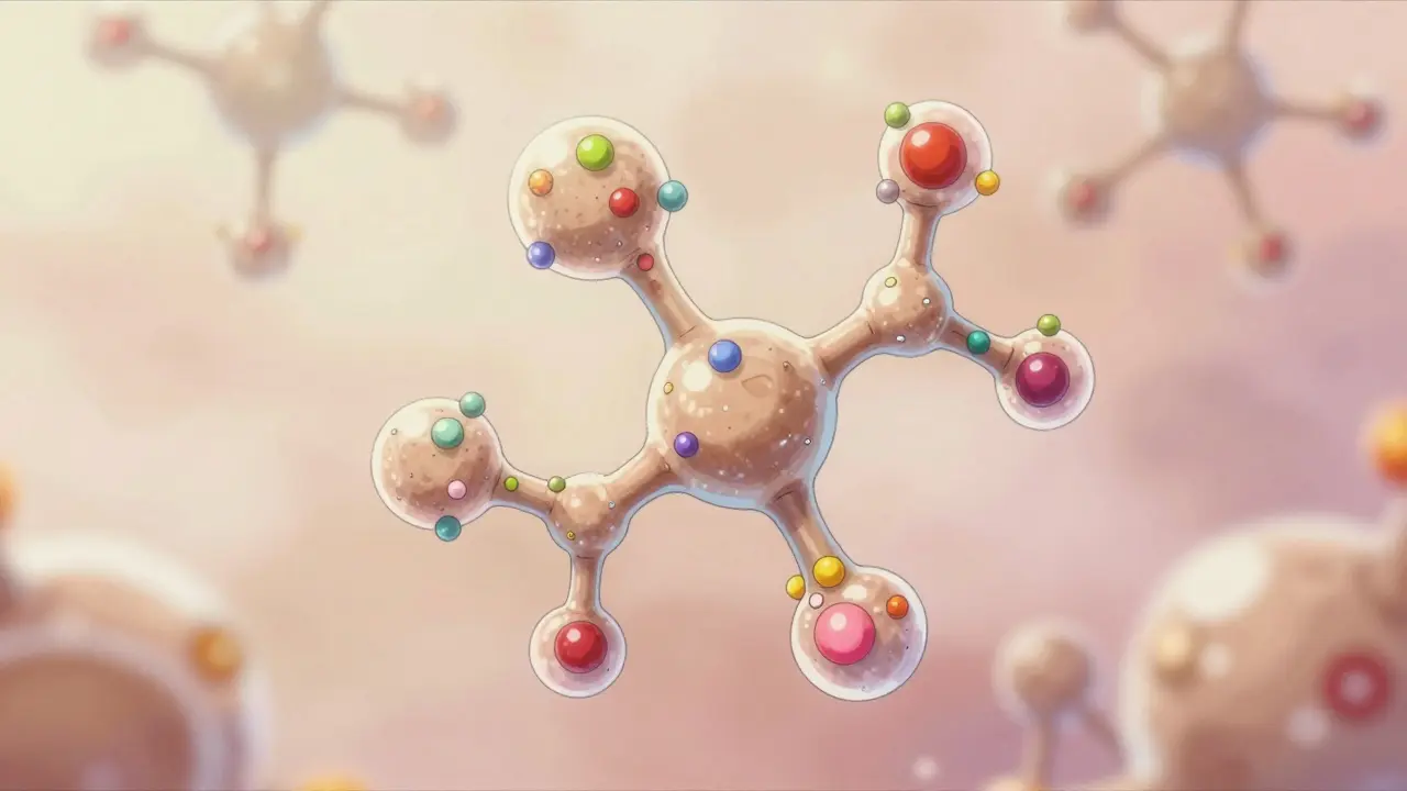 Magical illustration of a protein molecule with varying sugar attachments