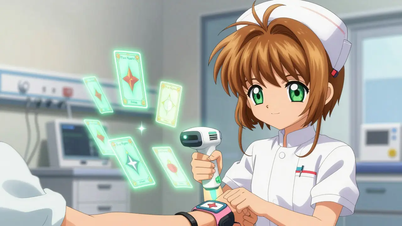 Nurse using barcode scanner in hospital, magical safety icons
