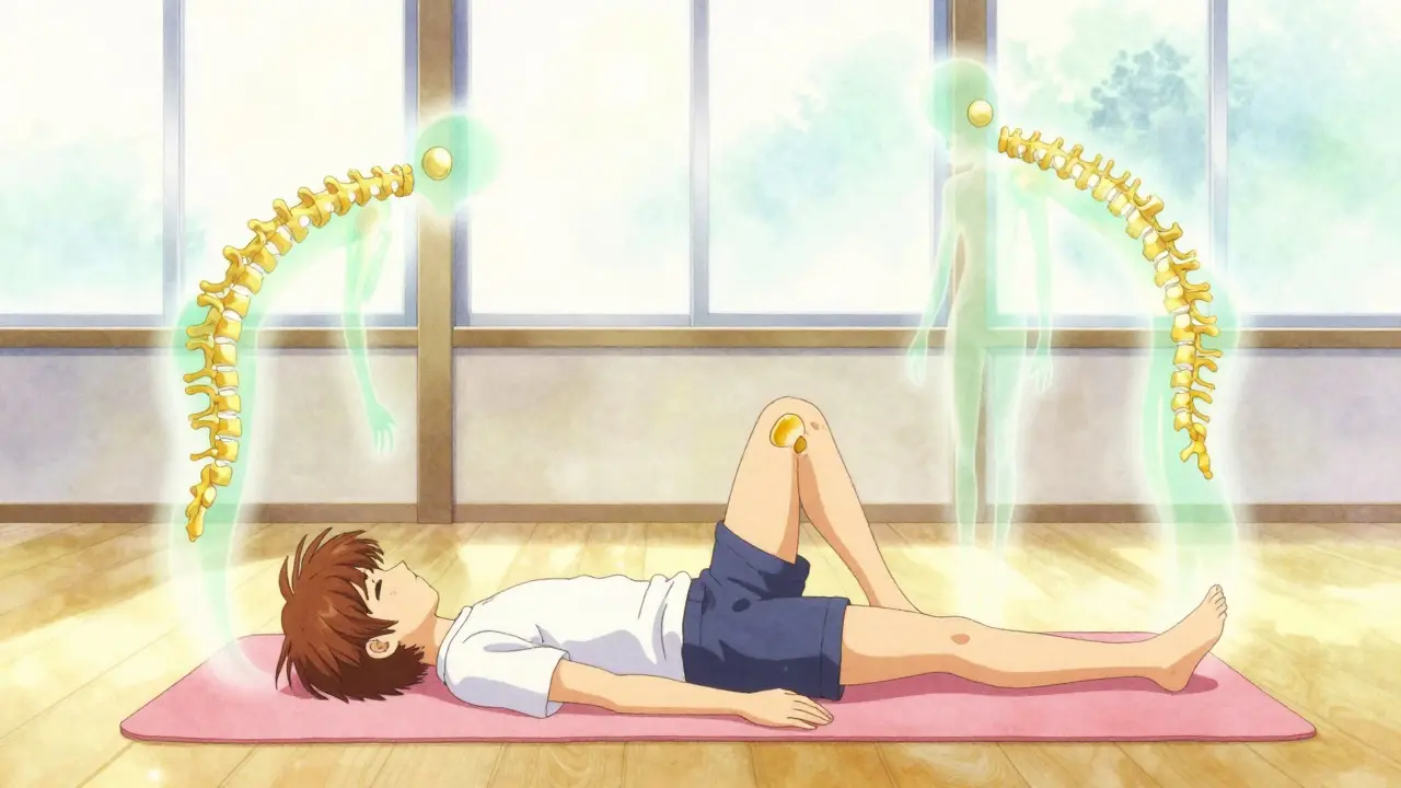 Patient doing stretches with healing magic spirits in anime