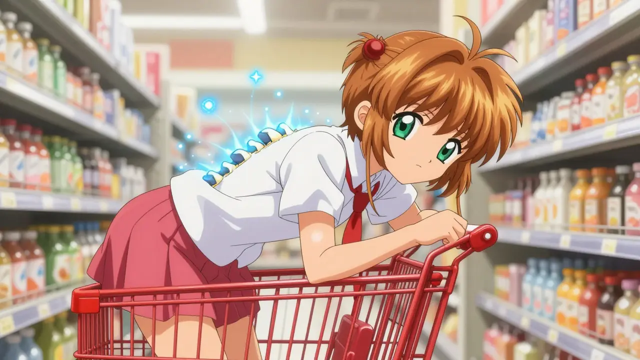 Person leaning on shopping cart for back relief in anime