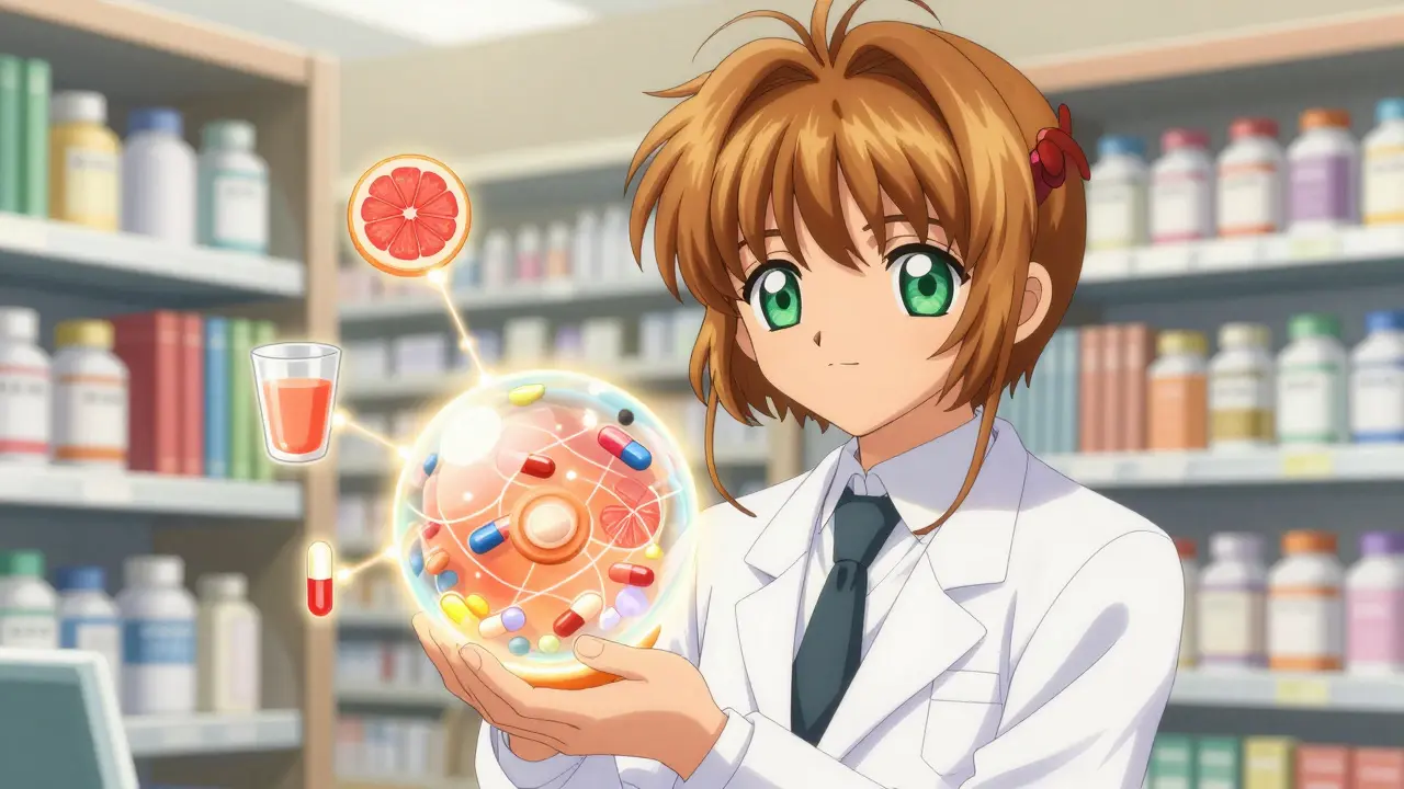 Pharmacist revealing drug interactions via glowing crystal orb