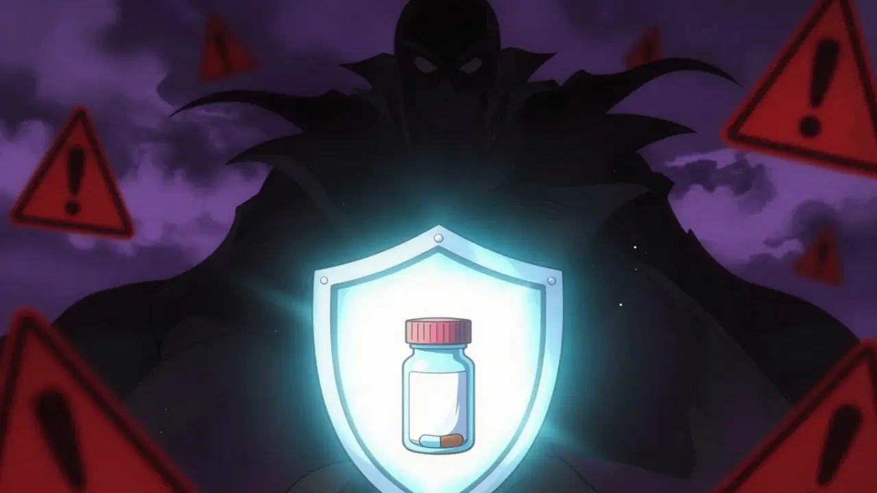 Shield protecting medicine from dark shadowy threats